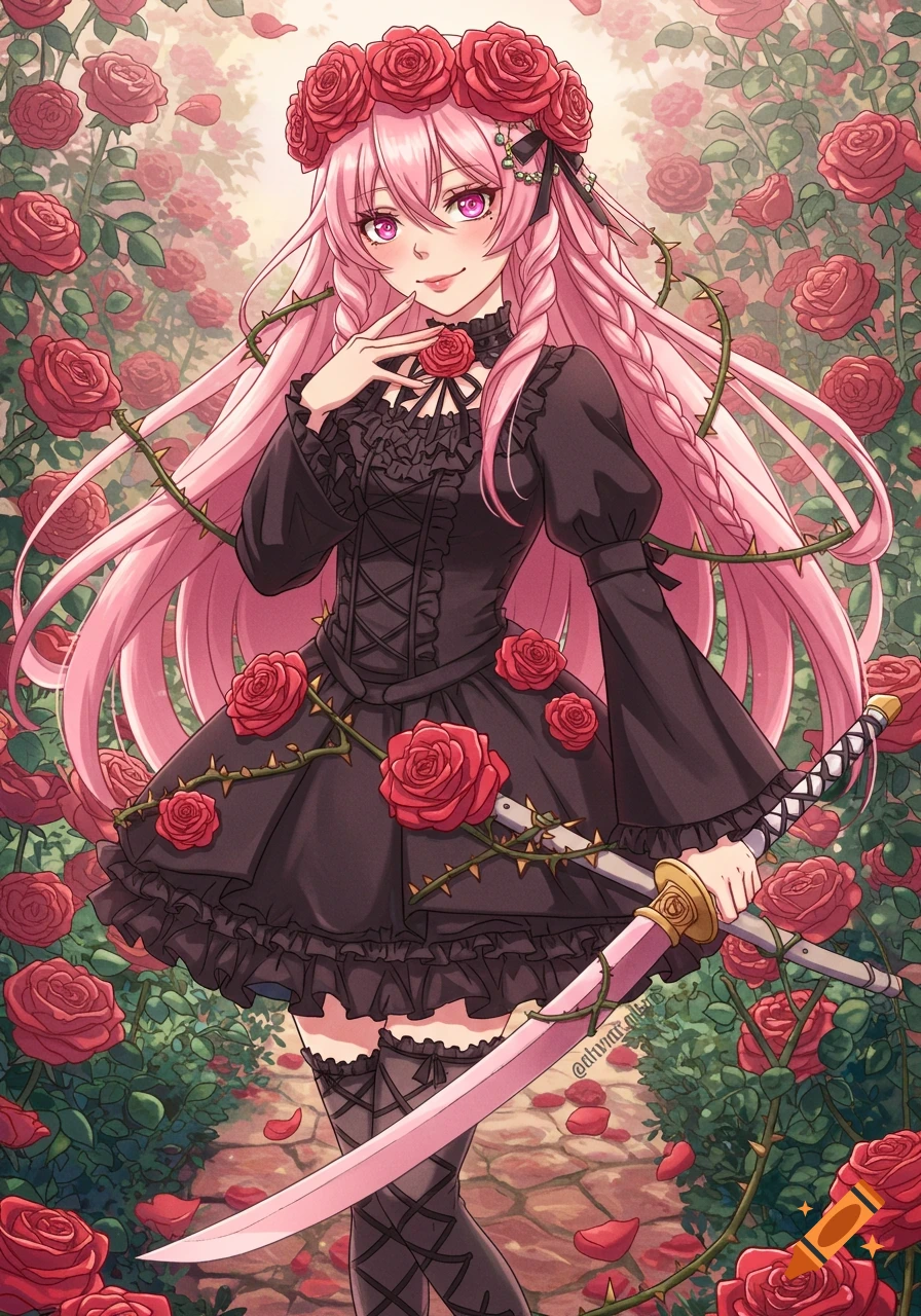 Anime illustration of a girl with pink hair, black dress, rose crown, and sword standing in a rose garden.
