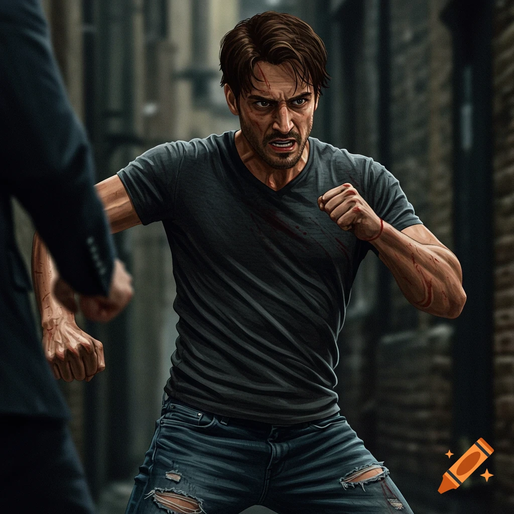 Illustration of an angry man fighting in an alley.