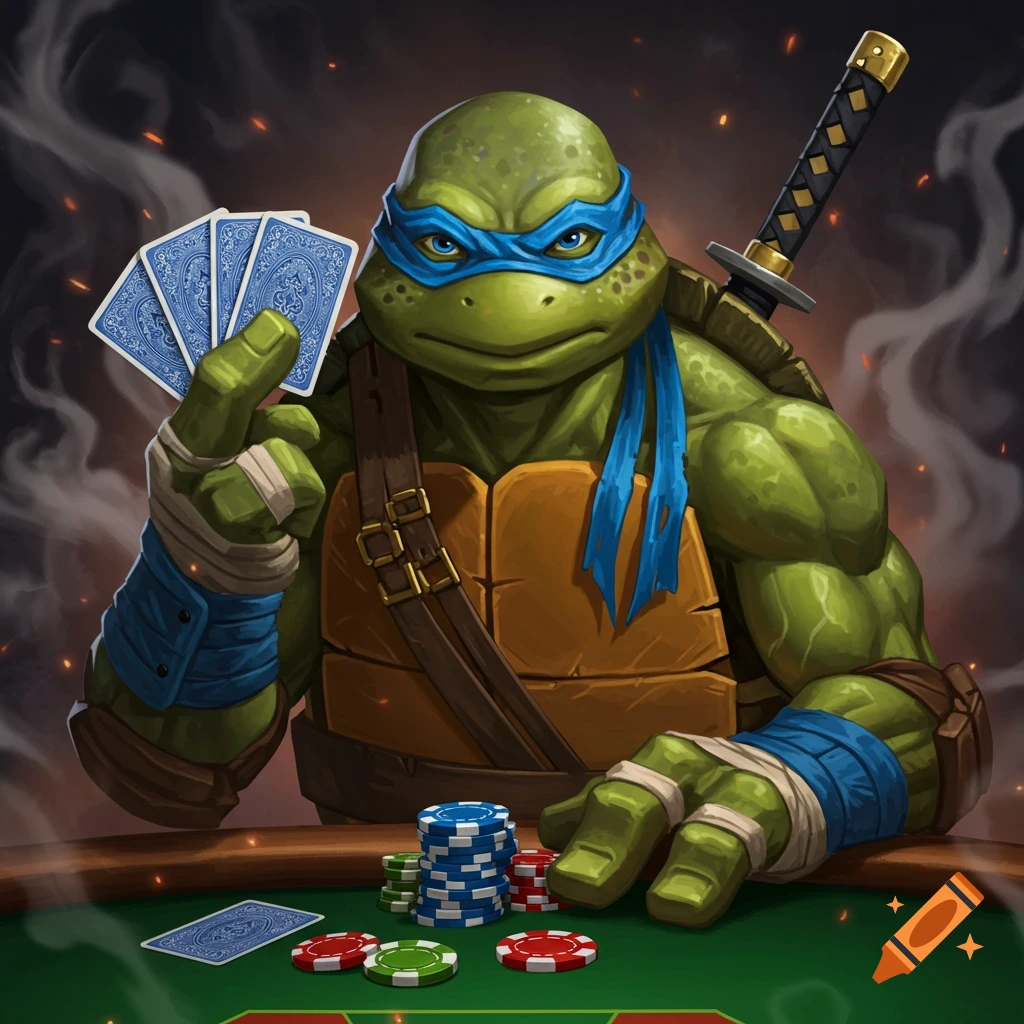 Leonardo from TMNT playing poker, holding cards and chips.