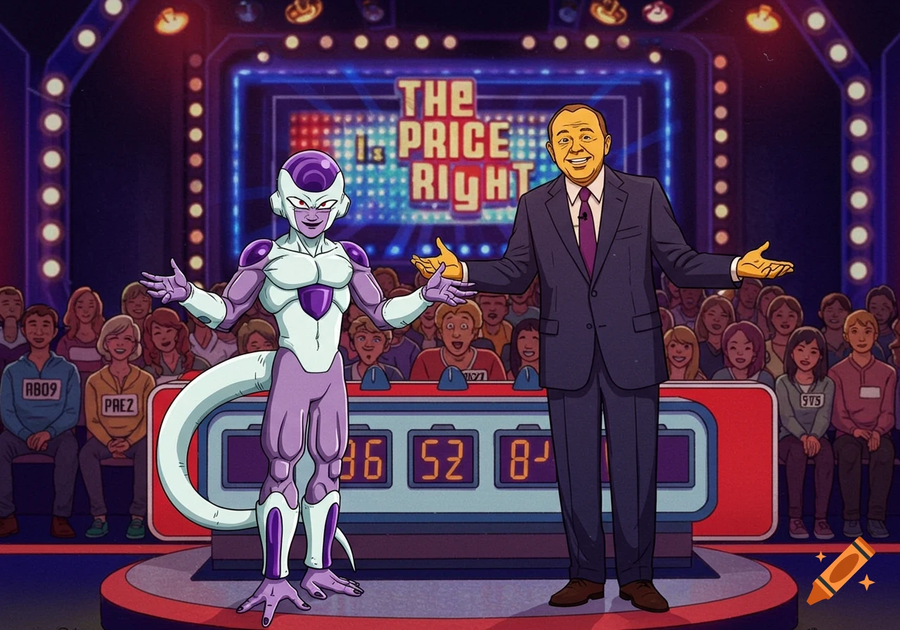 Anime character Frieza stands on The Price Is Right stage next to the host.