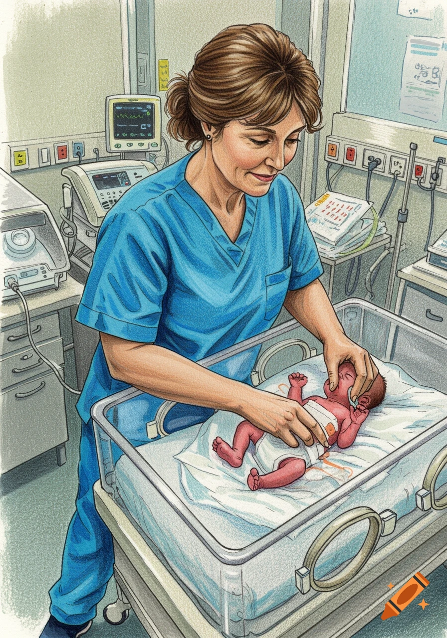 A nurse tends to a newborn baby in a hospital incubator, in a colored pencil drawing style.