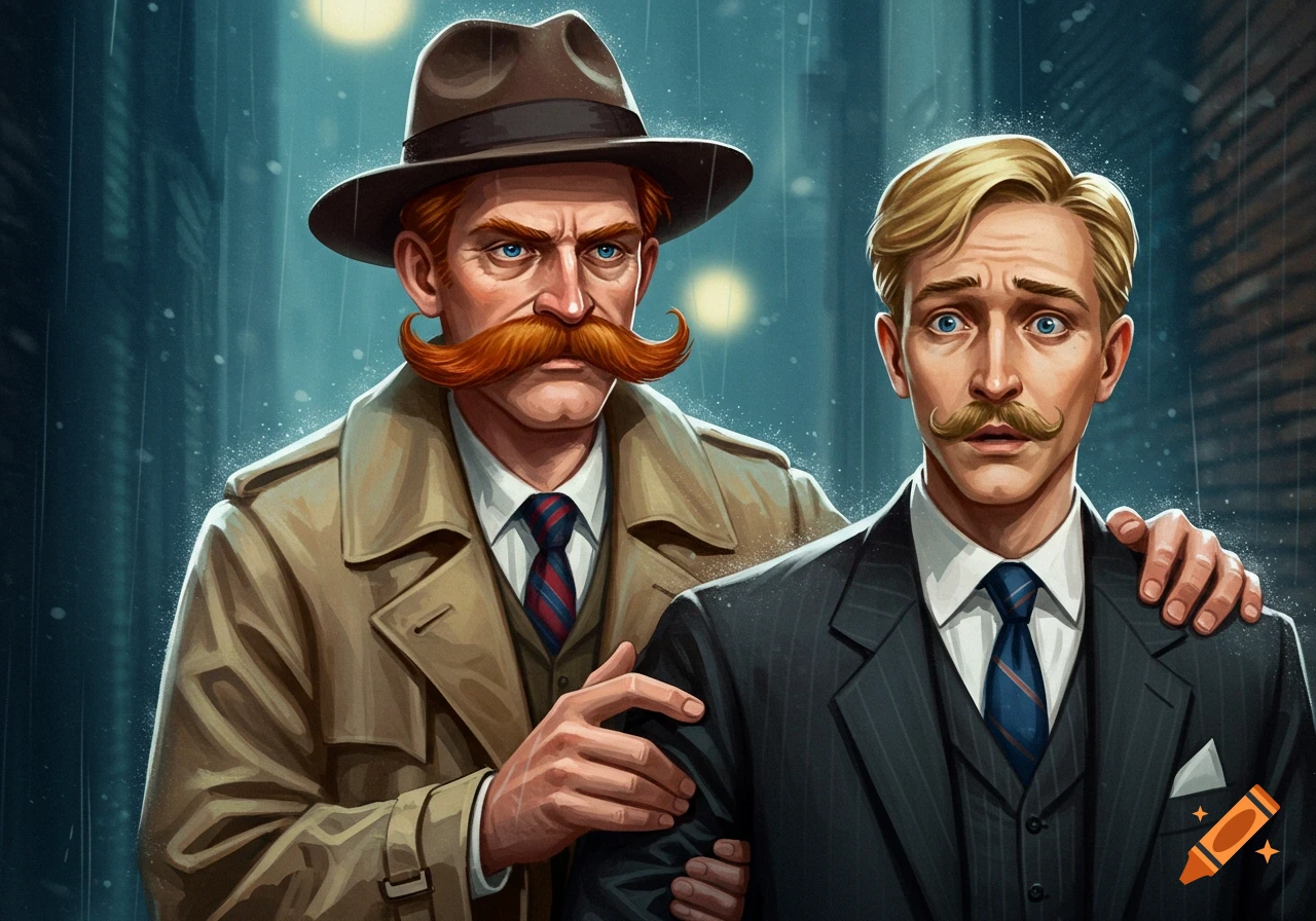 Illustration of two men in a rainy city street, one in a trench coat, the other in a suit, both with mustaches.