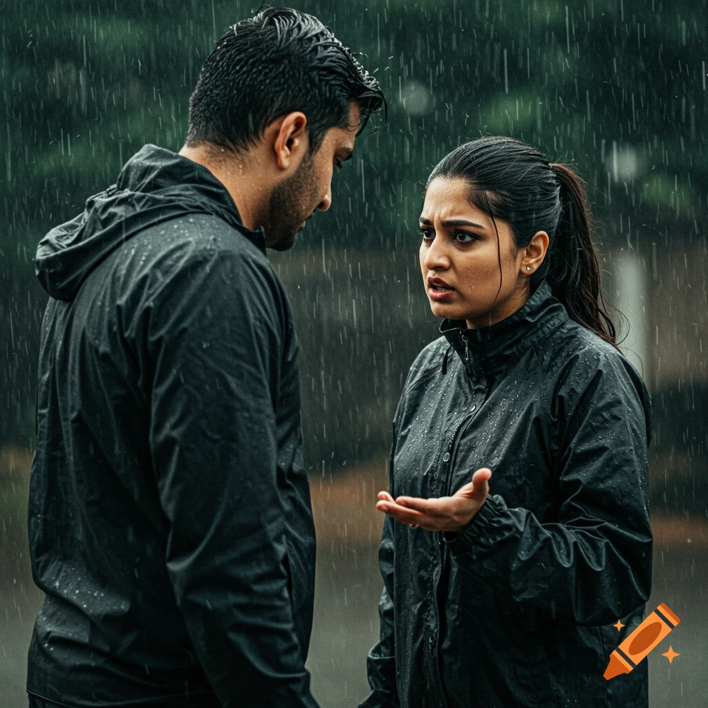 A man and woman wearing rain jackets argue in the rain