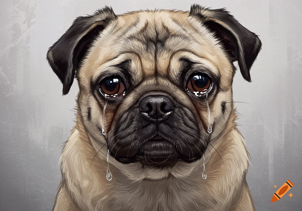 Close-up portrait of a pug dog crying