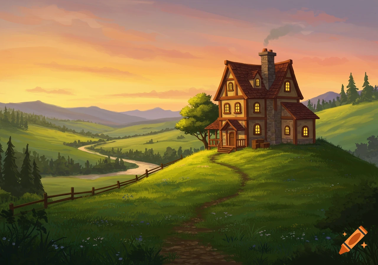 Stylized illustration of a cottage on a hill at sunset overlooking a valley.