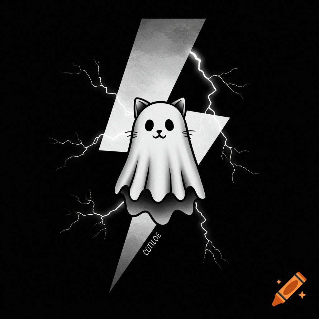 Cartoon ghost cat riding a black and grey lightning bolt in tattoo style
