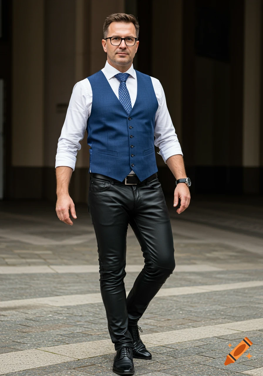 Man in a white shirt, blue vest, tie, and black leather pants standing outdoors.