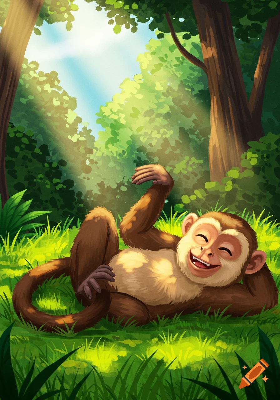 An illustrated monkey lies smiling on the grass in a sunny forest.