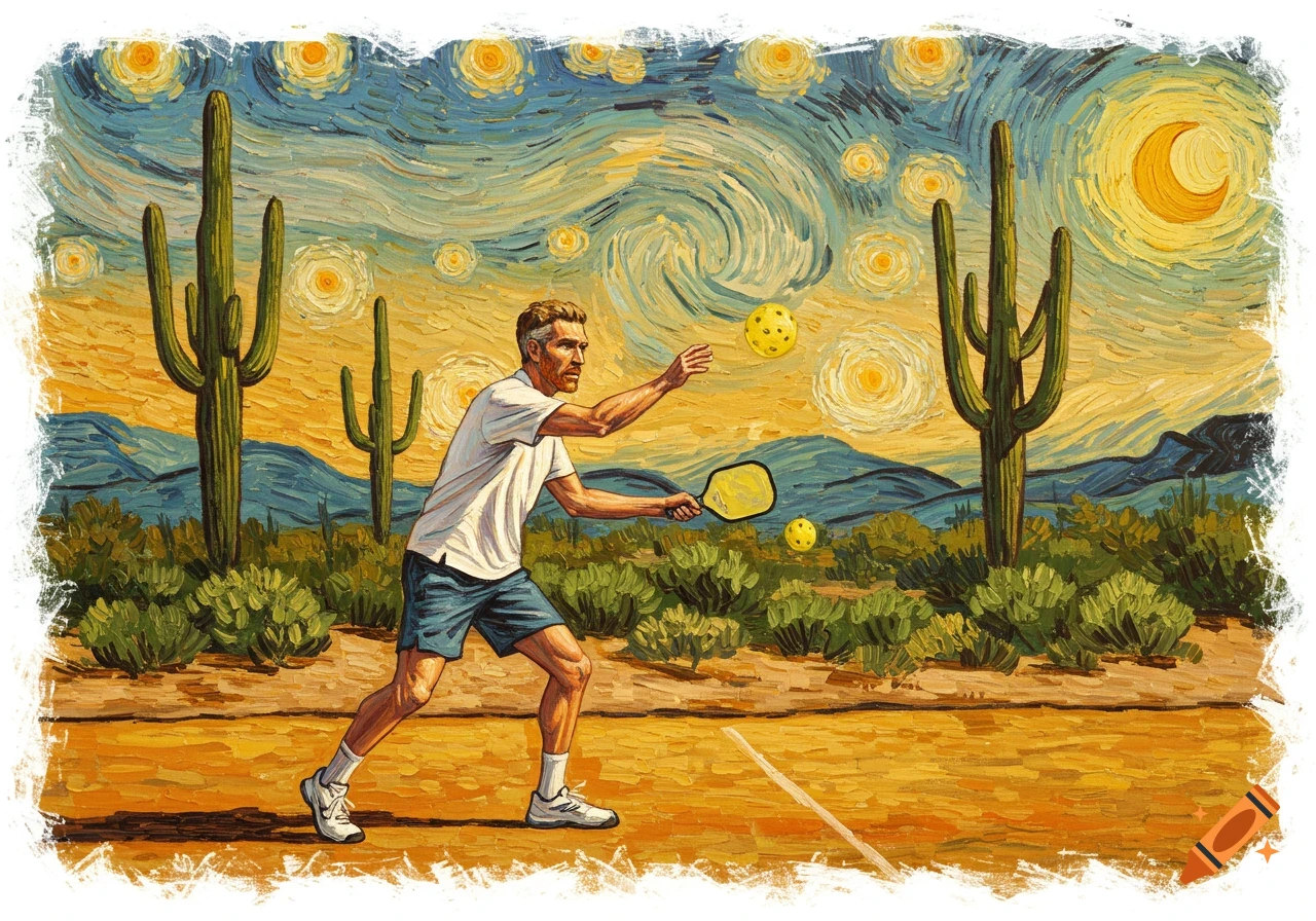 Painting in Van Gogh style shows a man playing pickleball in a desert with saguaro cacti.