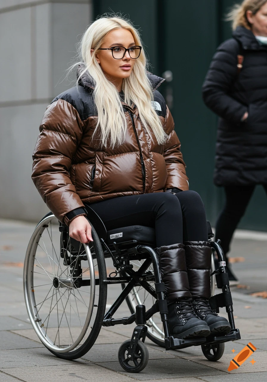 A woman in a wheelchair wears a brown puffer jacket and glasses outdoors.