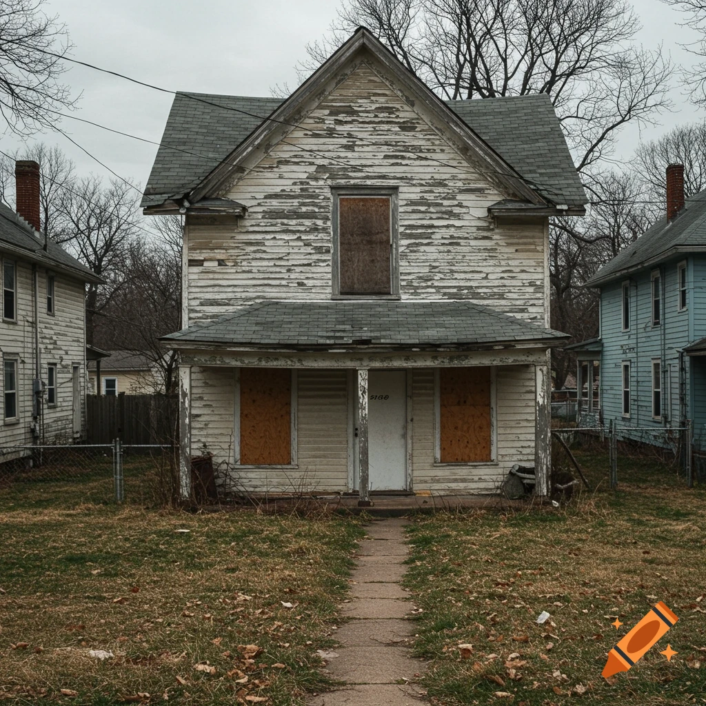 An old weathered house with peeling paint and boarded windows in an overgrown yard under a cloudy sky.