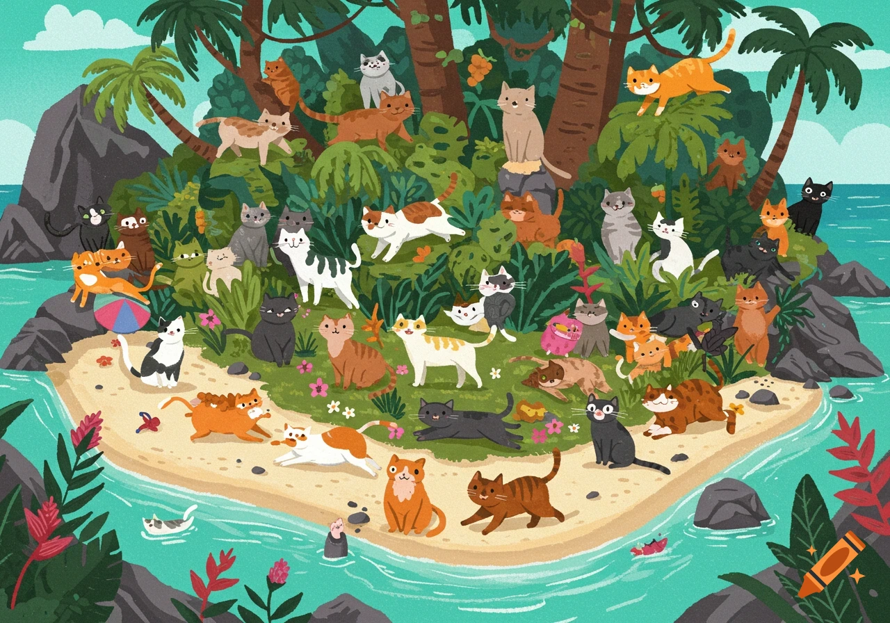 An illustration of many cats on a tropical island beach.