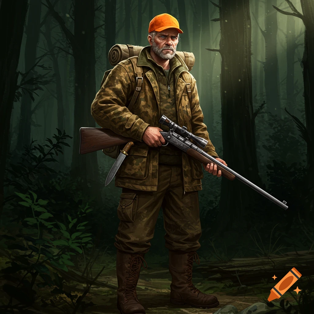 Hunter in camouflage holding a rifle and backpack in a forest.