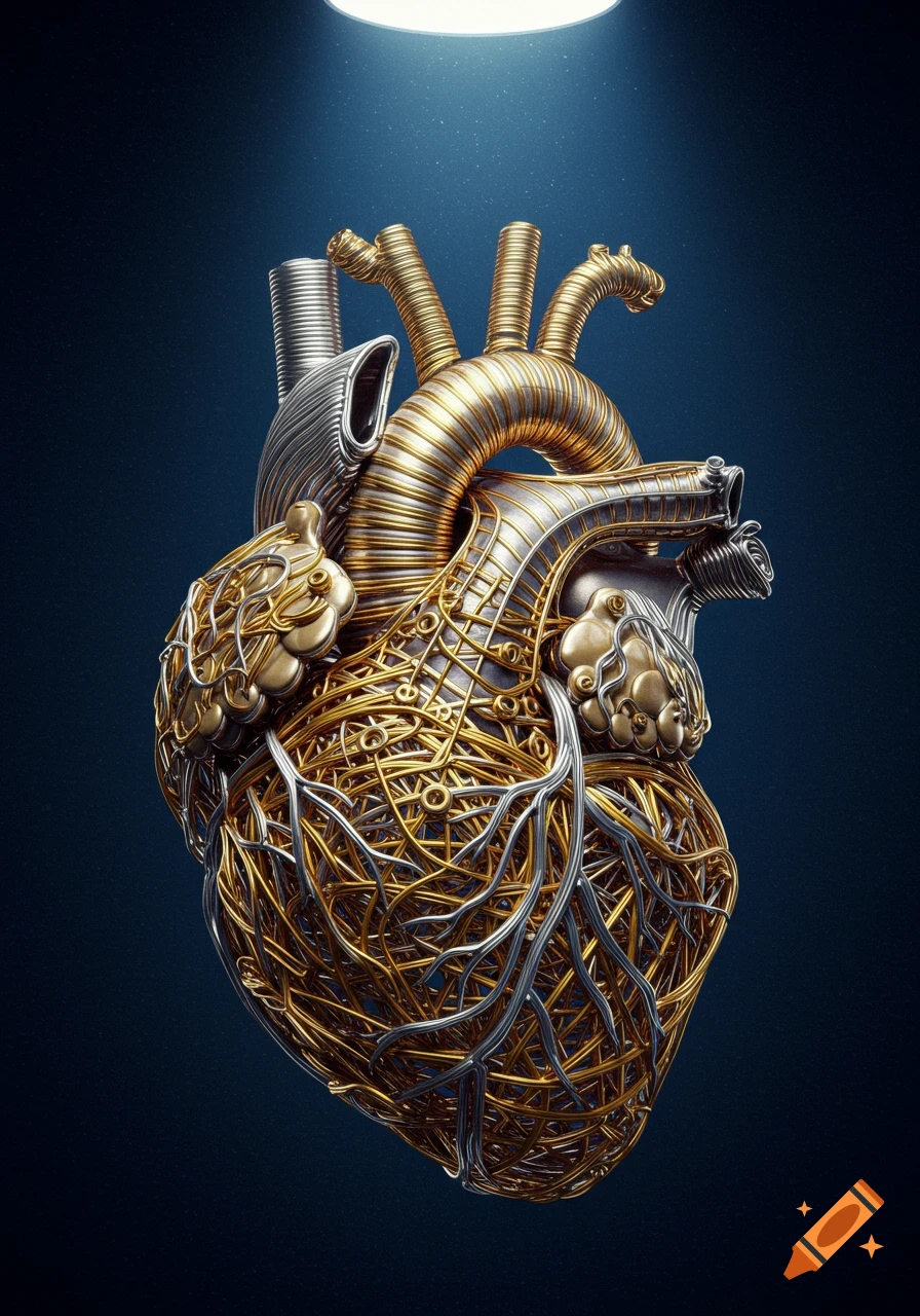Anatomical heart made of gold and silver wire, resembling guitar strings, under a spotlight.