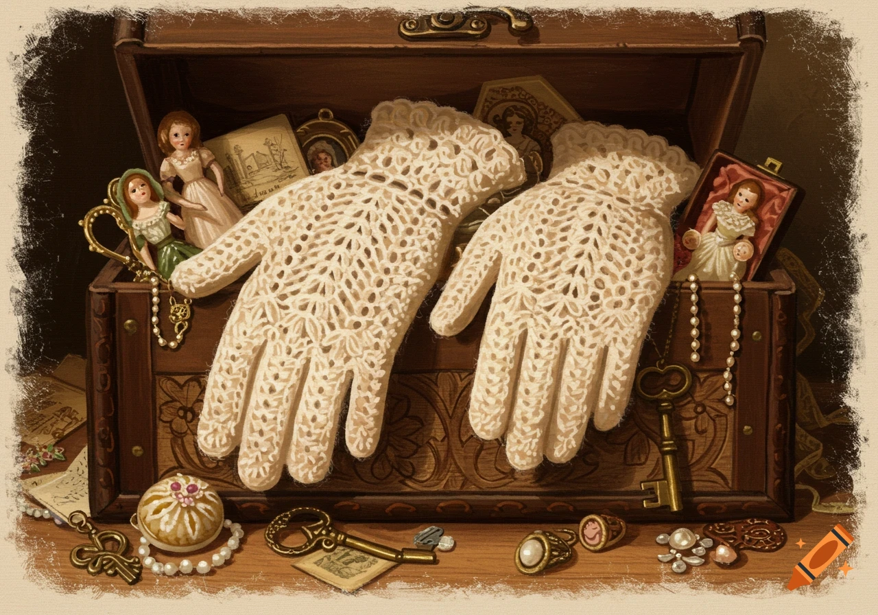 Cream crochet gloves in open wooden chest with antique trinkets, painting style.