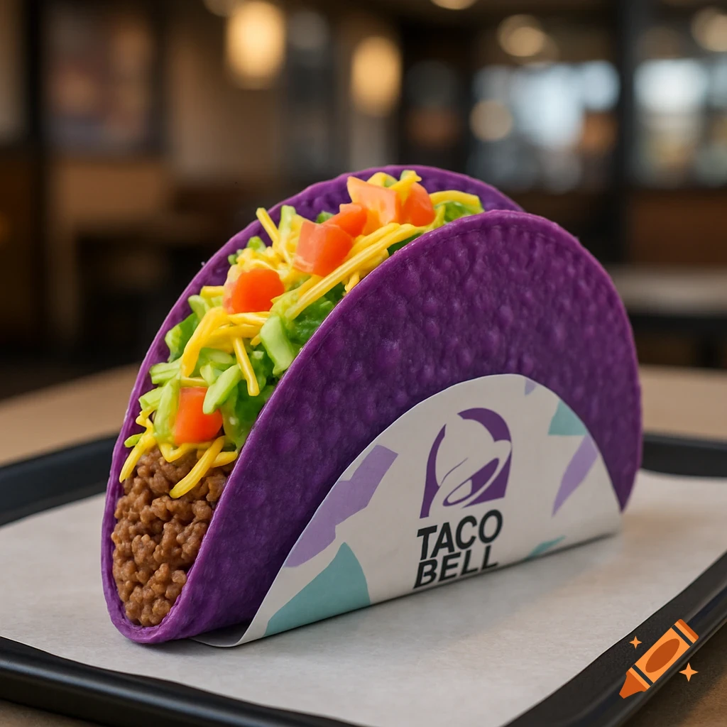 A close-up of a purple Taco Bell Doritos Locos Taco on a tray.