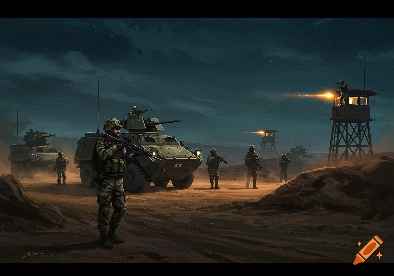 Digital painting of soldiers, tanks, and watchtowers in a desert at night.