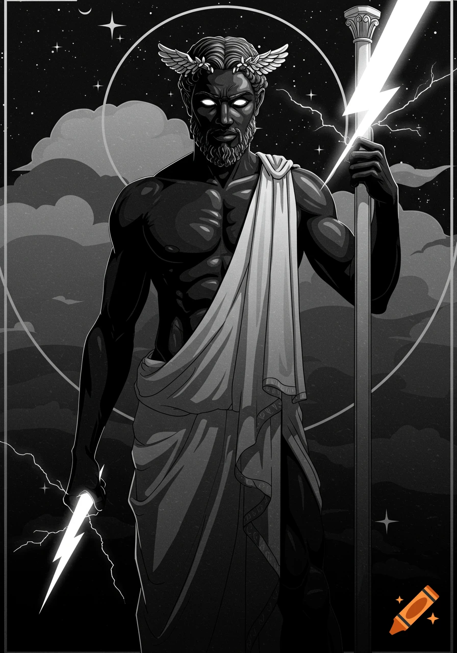 Black and white illustration of a muscular Greek god with glowing eyes holding a lightning bolt and staff.