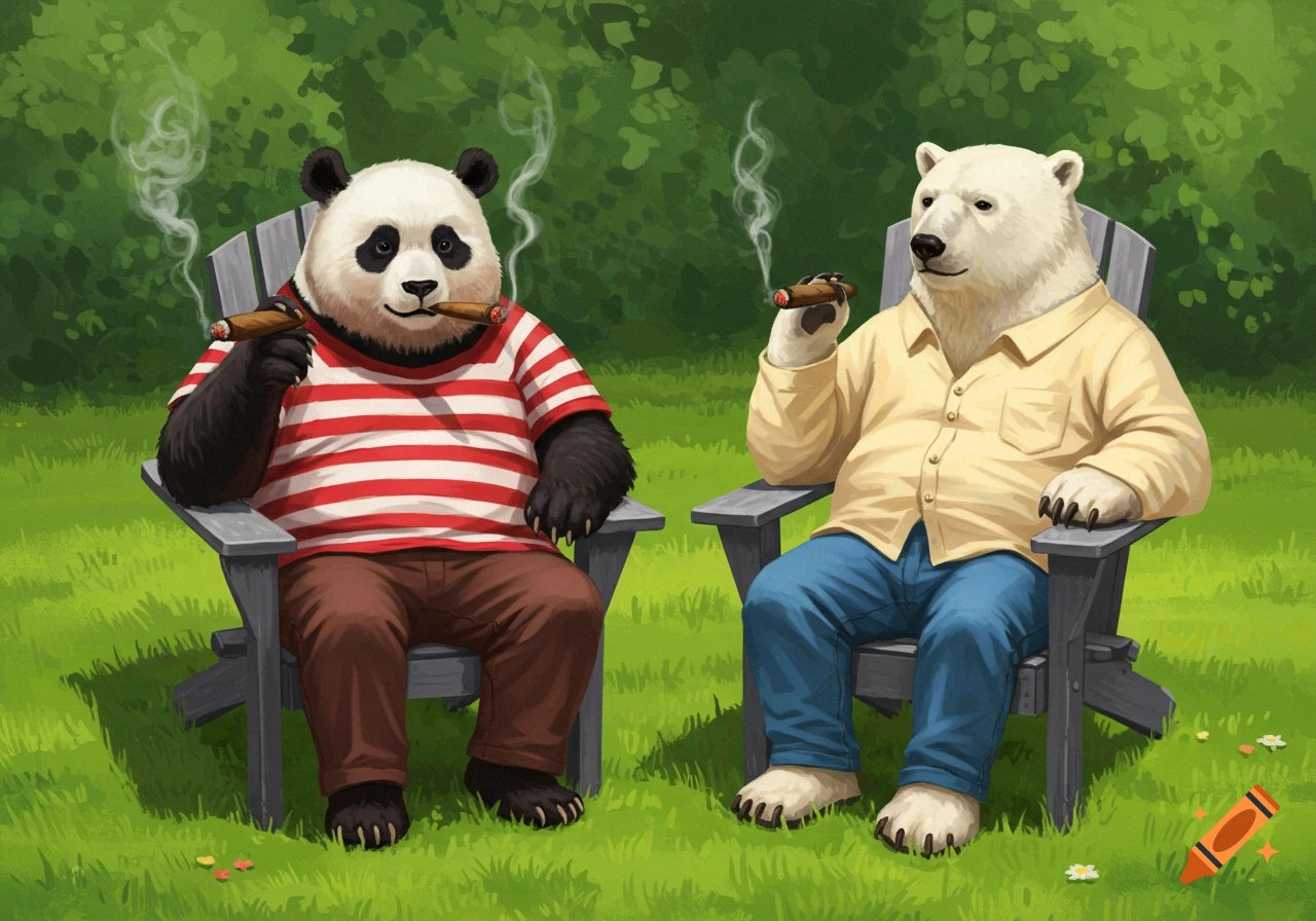 An anthropomorphic panda and polar bear sit in Adirondack chairs smoking cigars in a backyard.