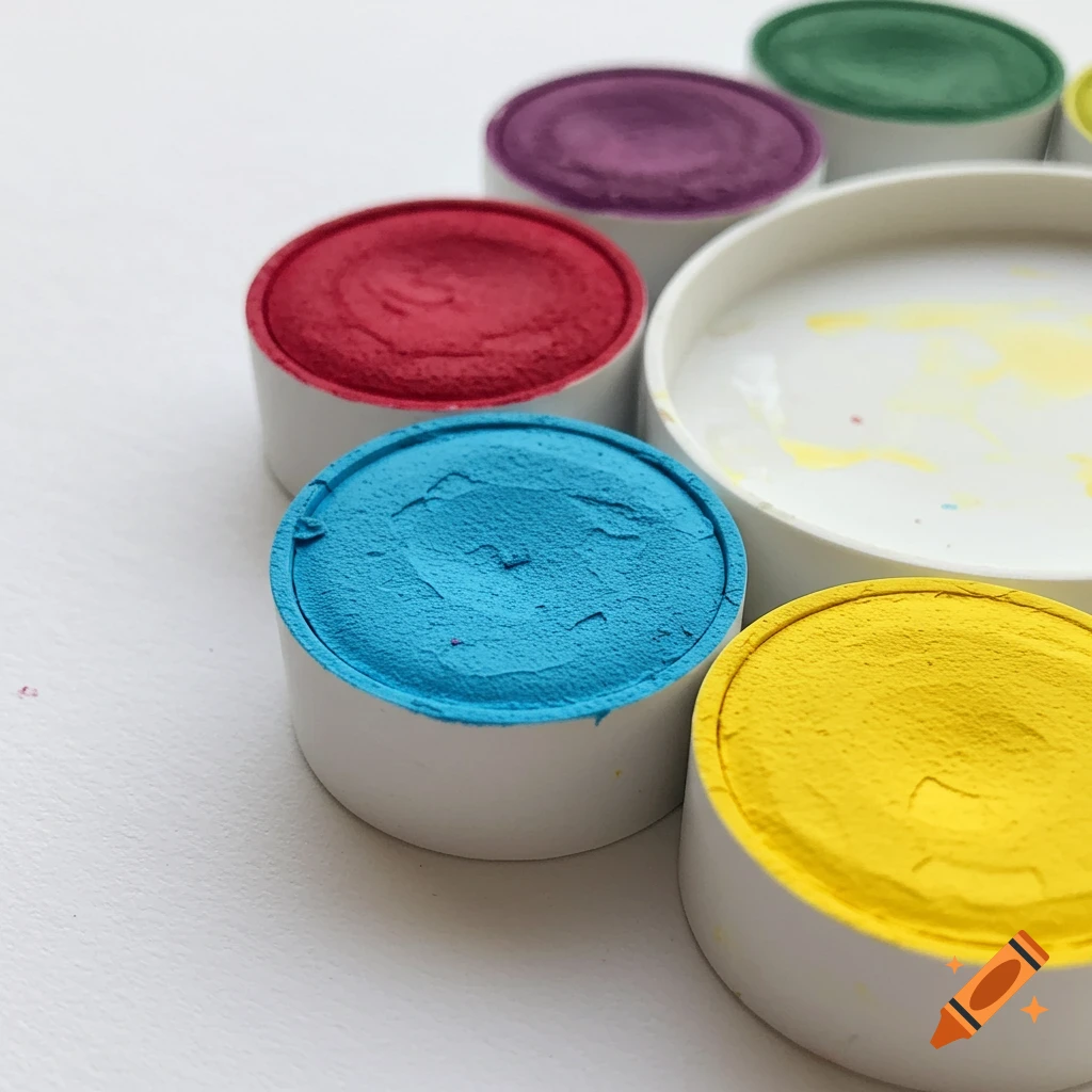 Close-up of watercolor paint cakes in red, blue, and yellow with other colors.