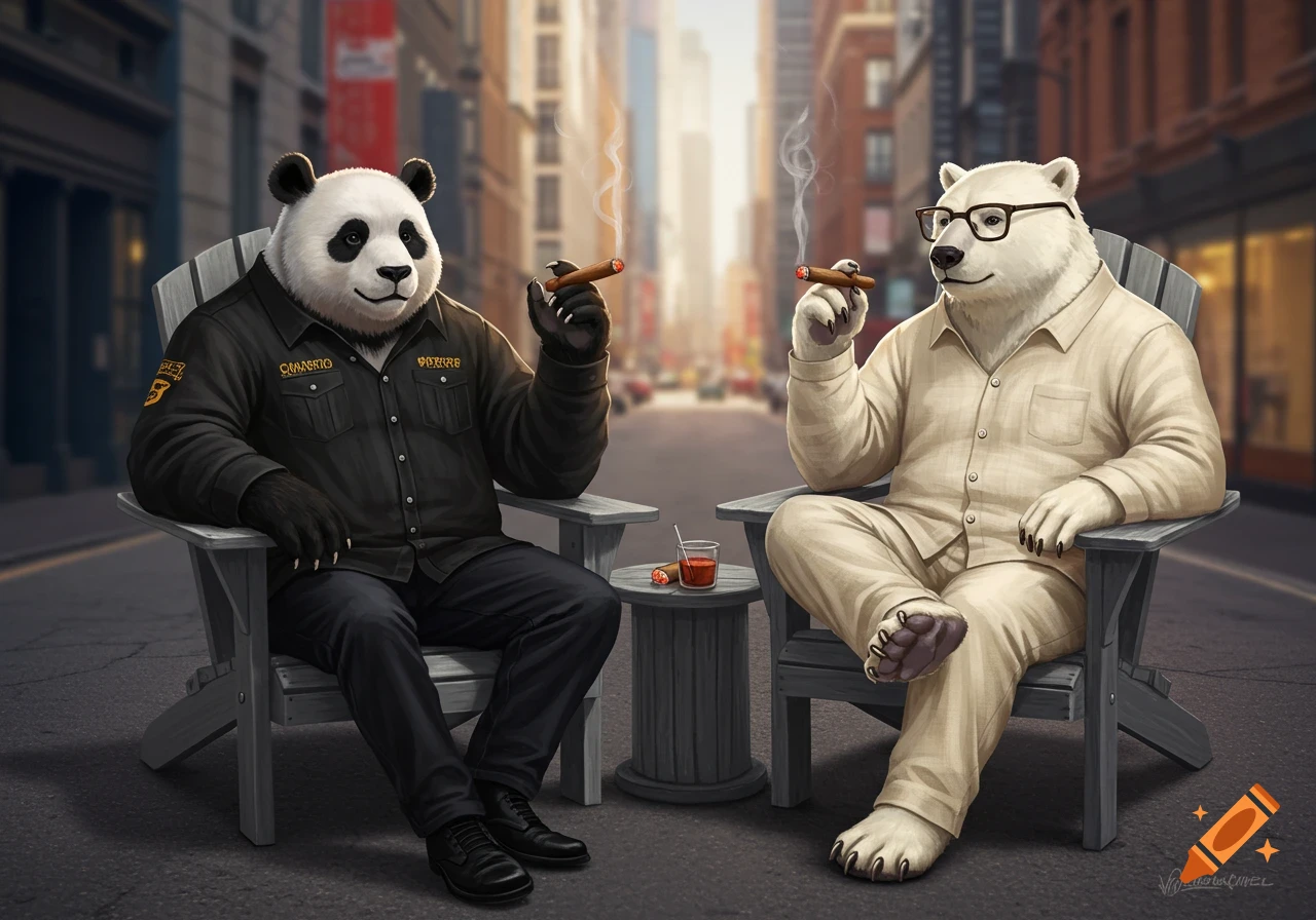 An anthropomorphic panda and polar bear sit in chairs outdoors smoking cigars.