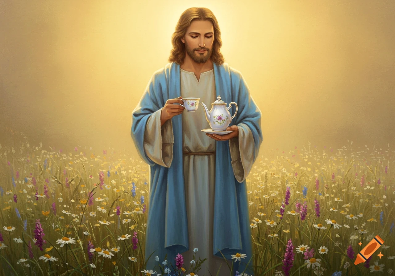 Jesus holding a teacup and teapot in a field of flowers, digital painting.