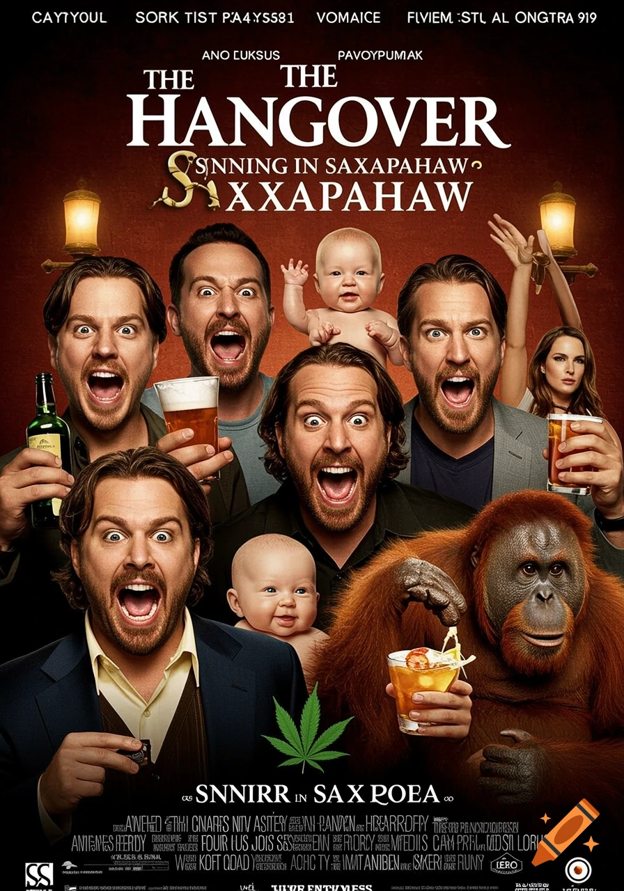 Photorealistic parody movie poster for "The Hangover: Sinning In Saxapahaw" featuring men with raucous expressions, a baby, an orangutan, drinks, and a pot leaf.