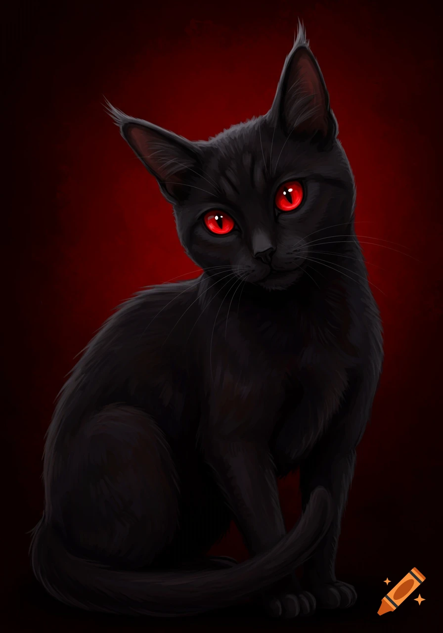 Digital painting of a black cat with glowing red eyes against a dark ...