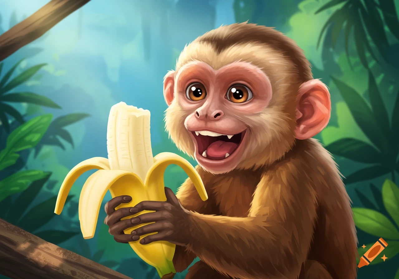 Cartoon monkey smiling and eating a banana in a jungle setting.