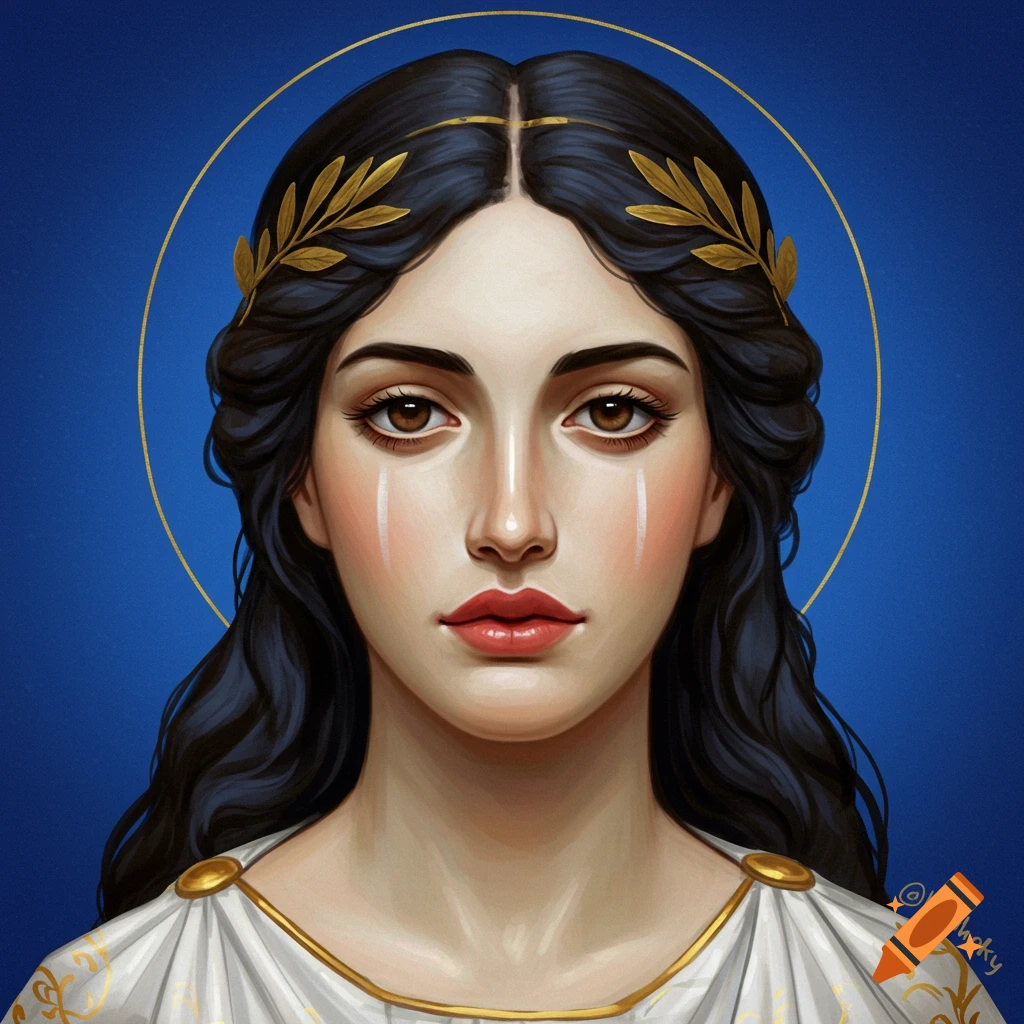 Portrait of a woman with tears wearing a laurel wreath in ancient Greek style.