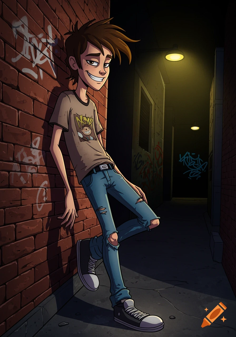 Cartoon teenager with spiky brown hair leans against a brick wall with graffiti in a dark alley.