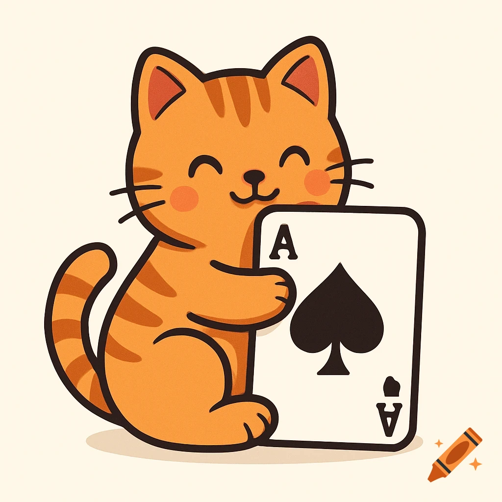 Cute orange cat hugging an ace of spades playing card, cartoon illustration.