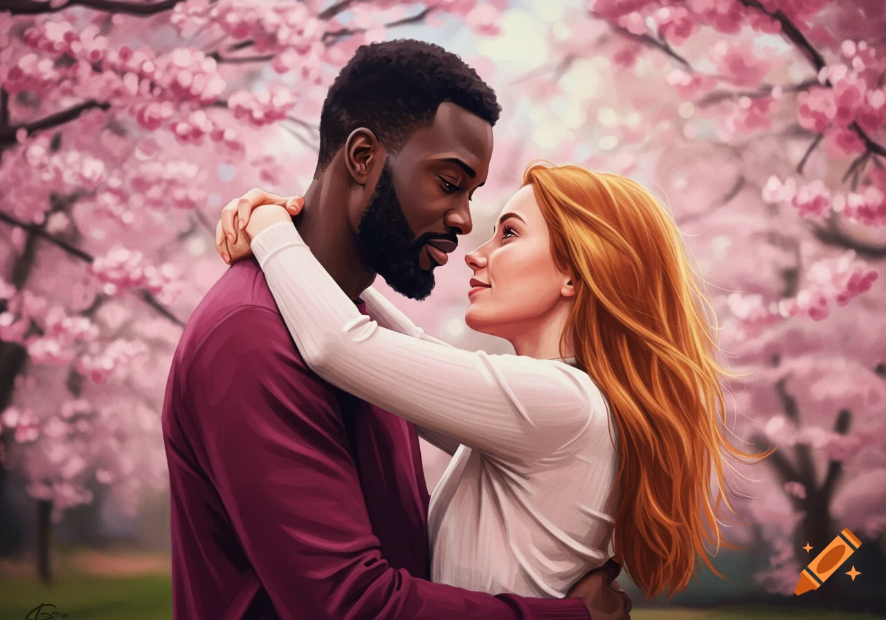 A diverse couple embraces lovingly amongst pink cherry blossoms in a digital painting.