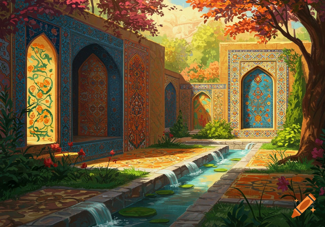Ornate Iranian-style garden courtyard with intricate tiled architecture, flowing water channel, trees, and colorful foliage.