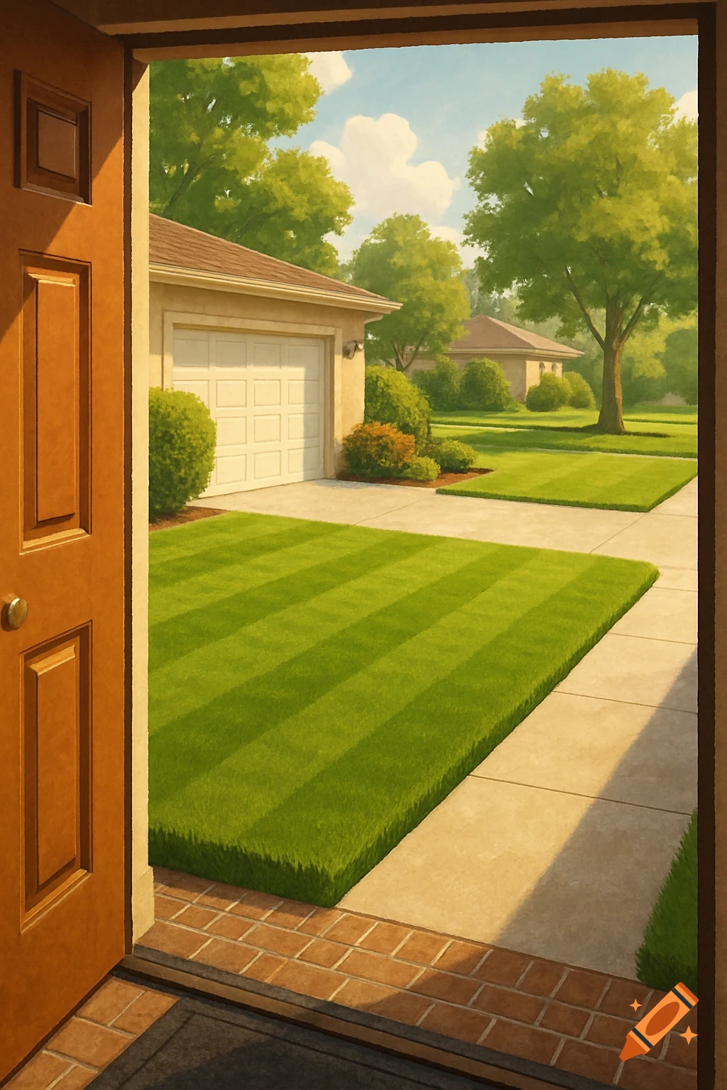 View from an open door looking onto a suburban yard with a striped lawn and house. Illustrative style.