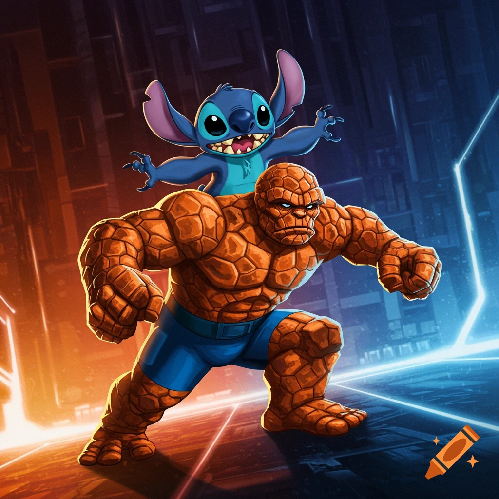 Stitch rides on the back of The Thing in a neon-lit, futuristic TRON-like background, illustration style.