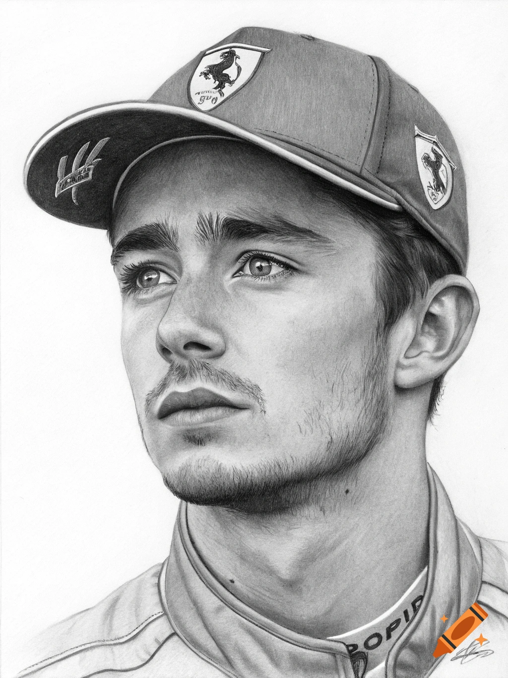 Pencil drawing portrait of Charles Leclerc wearing a cap.