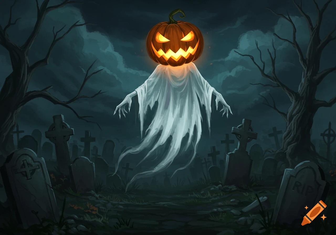 A ghost with a pumpkin head floats over a graveyard at night.