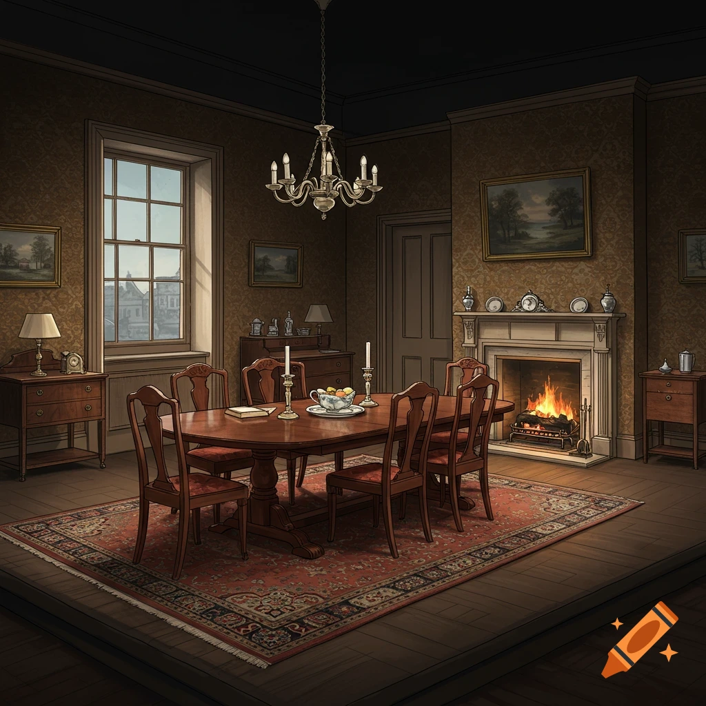 A formal dining room set with a large table, chairs, fireplace, chandelier, and window.