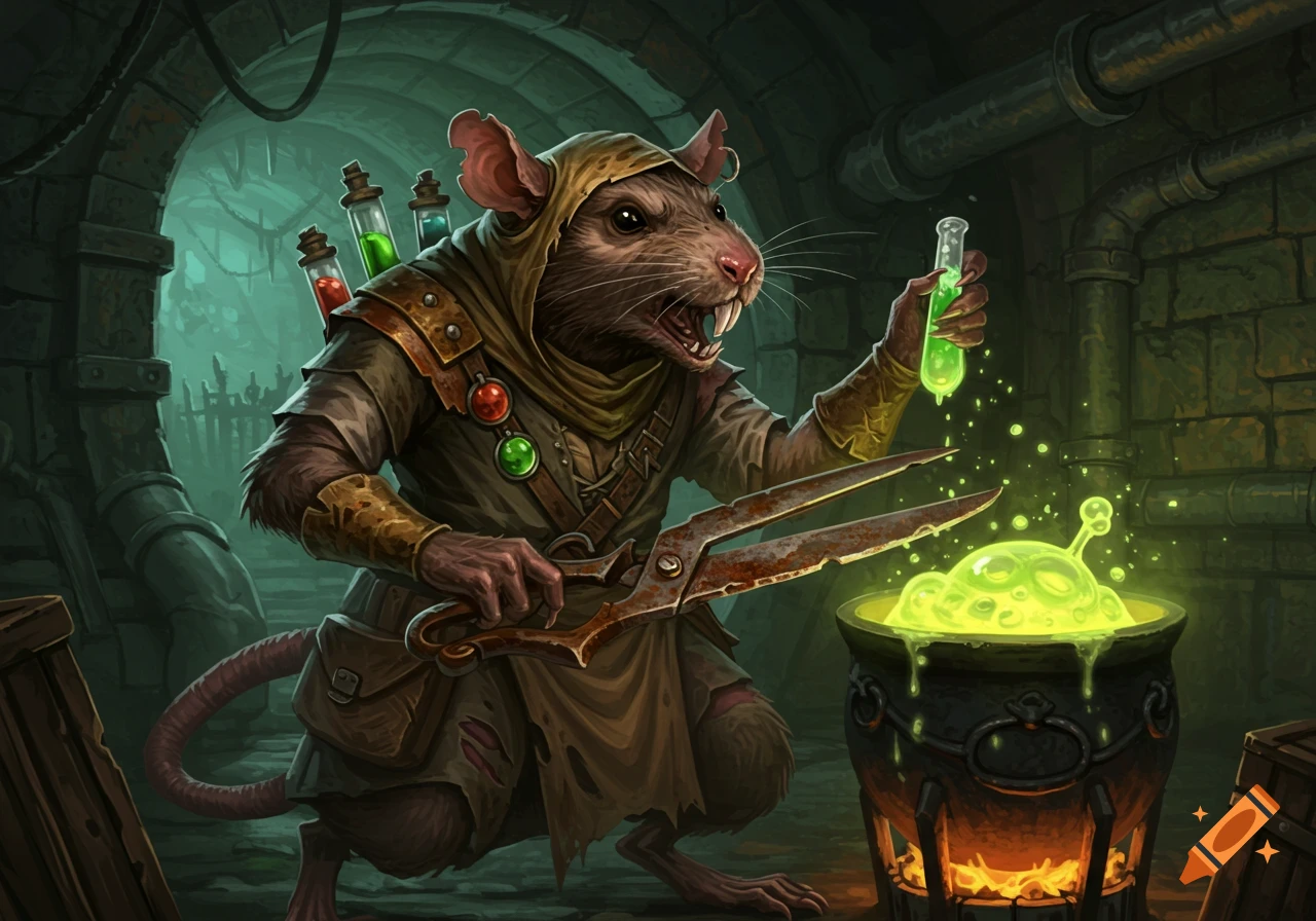 A rat alchemist in a sewer lab holds a glowing test tube and shears over a bubbling cauldron.