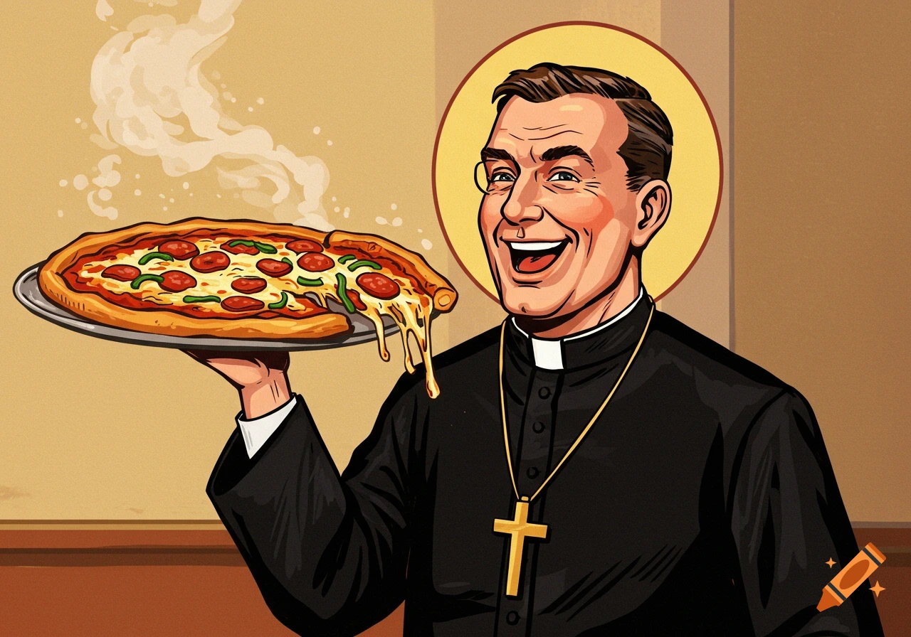 A cartoon illustration of a smiling priest holding a steaming pizza.