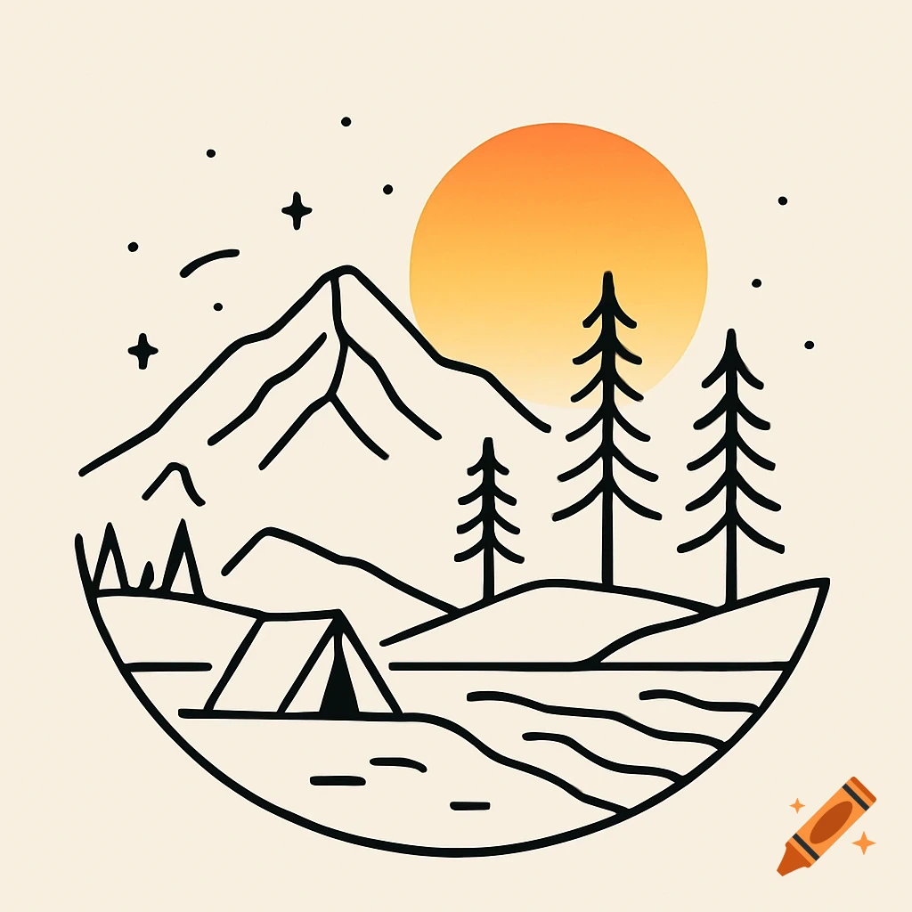 Minimal line art landscape in a circle with mountain, sun, trees, and tent.