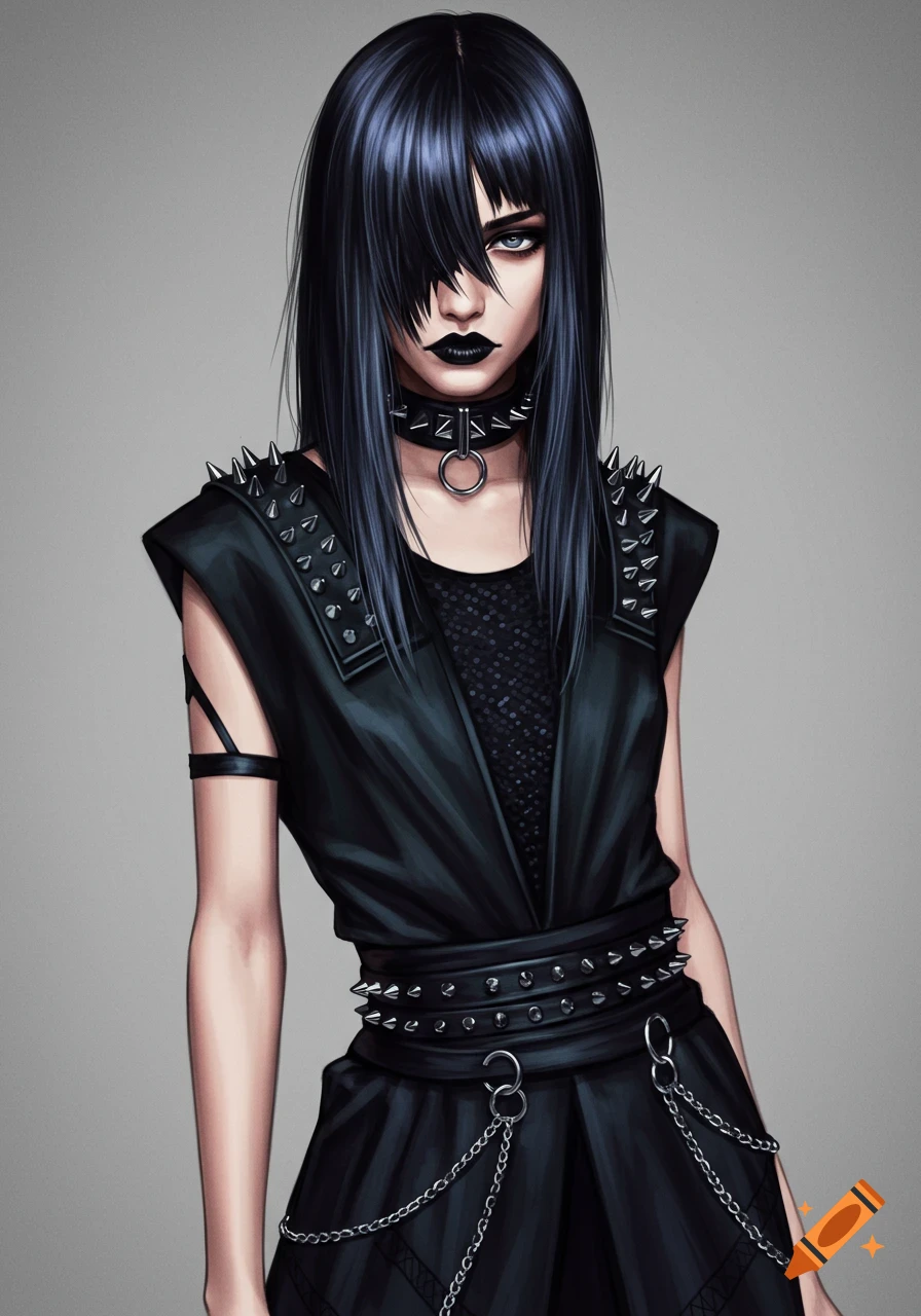 Illustration of a person in goth/punk fashion with black hair, dark makeup, studded clothing, and chains.