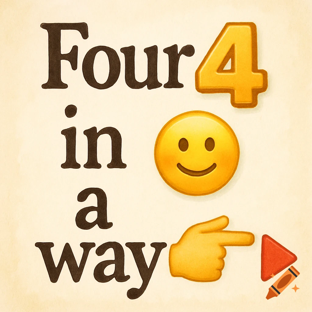 Text 'Four in a way' with number 4, smiling face, pointing finger, and play button emojis.