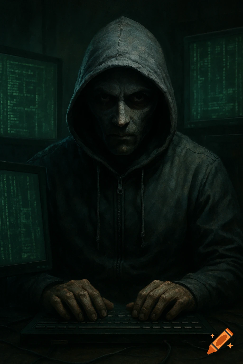 Dark illustration of a hooded figure typing on a keyboard in front of ...