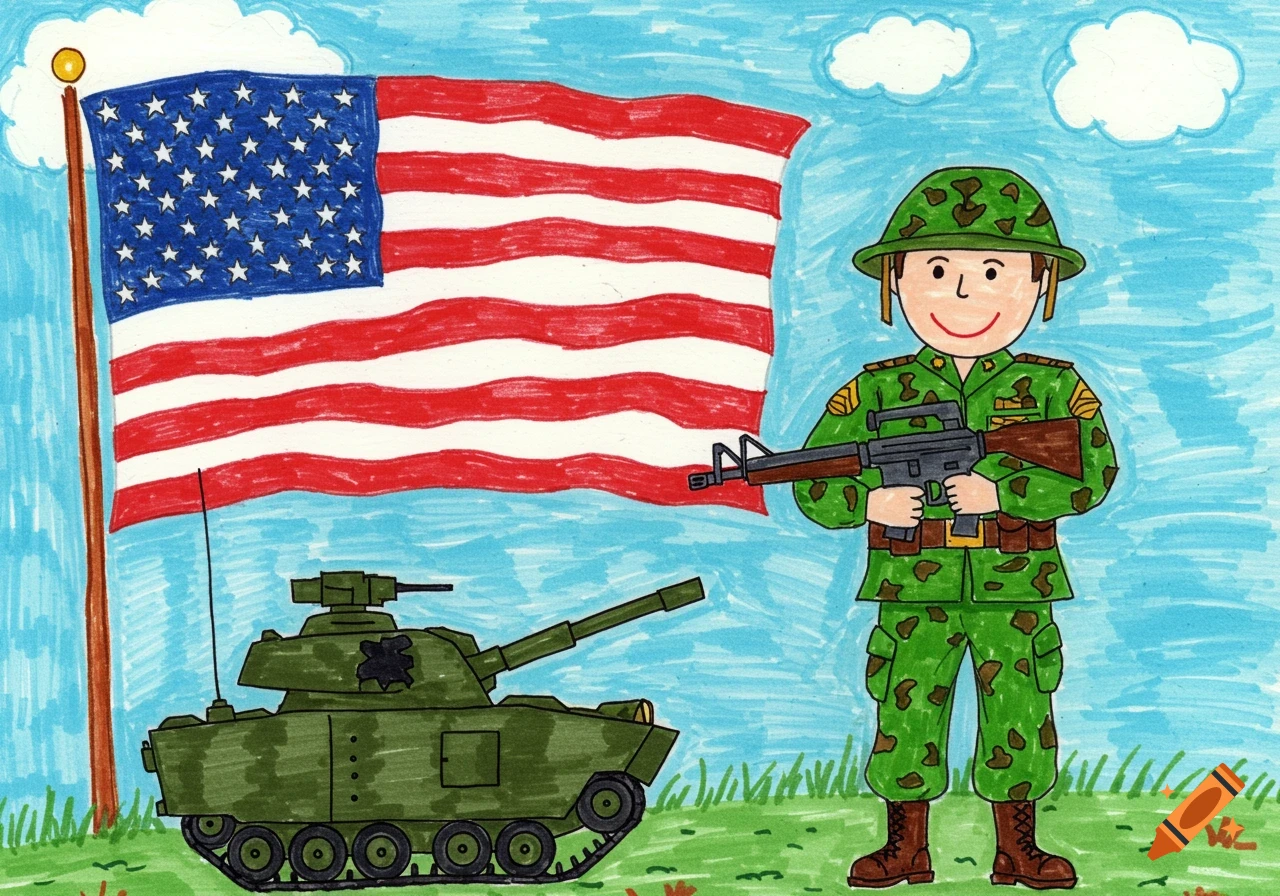 Child's drawing of a soldier, tank, and American flag.
