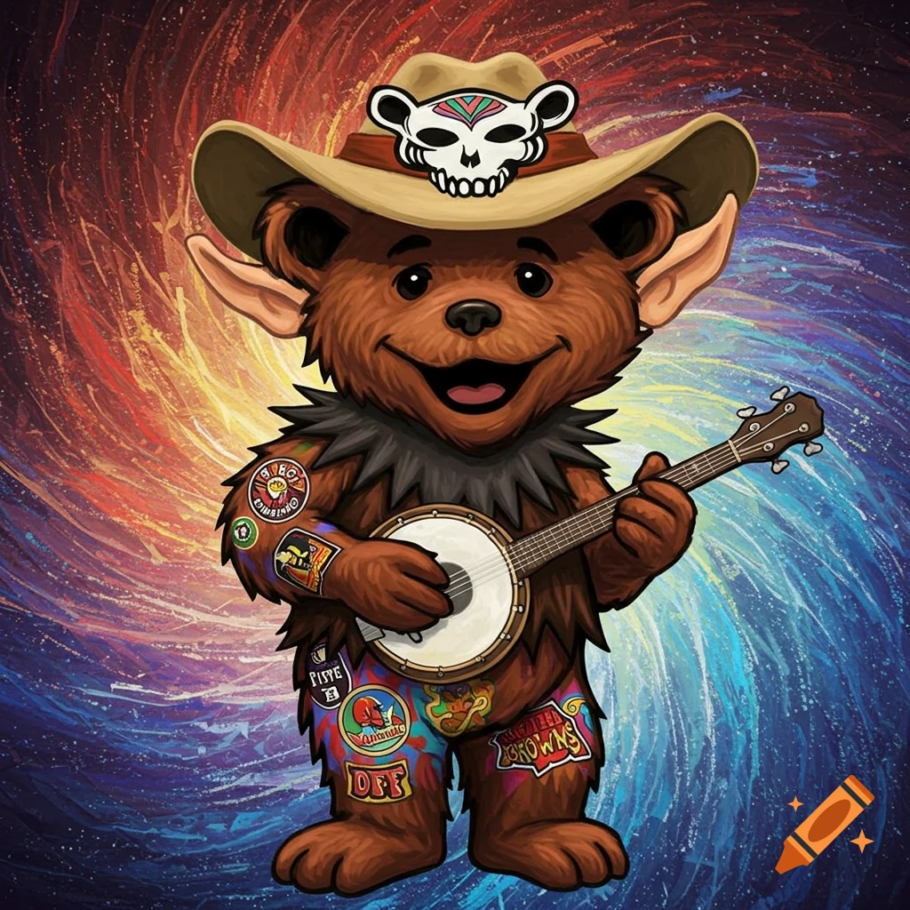 Cartoon bear in cowboy hat and patched clothes plays banjo against a swirling colorful background.