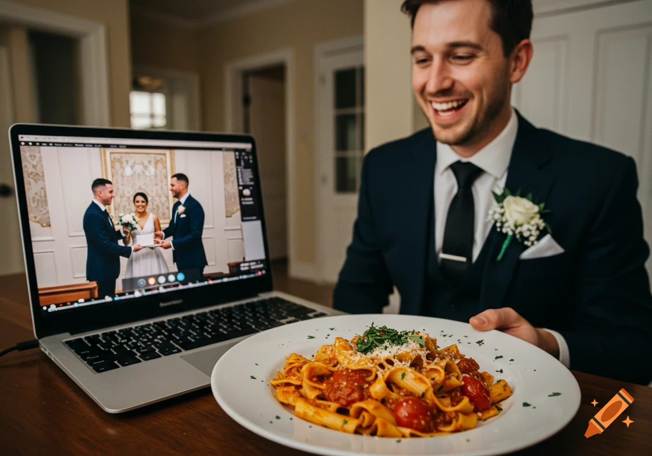 A man in a suit smiles at a laptop screen showing a wedding, with a plate of pasta in the foreground.