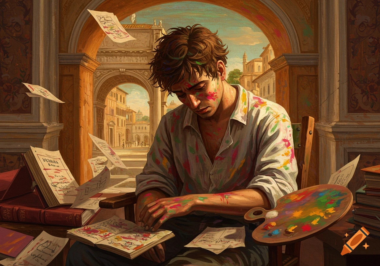 An artist covered in paint sits with books and paper, surrounded by a classical archway overlooking a city square.