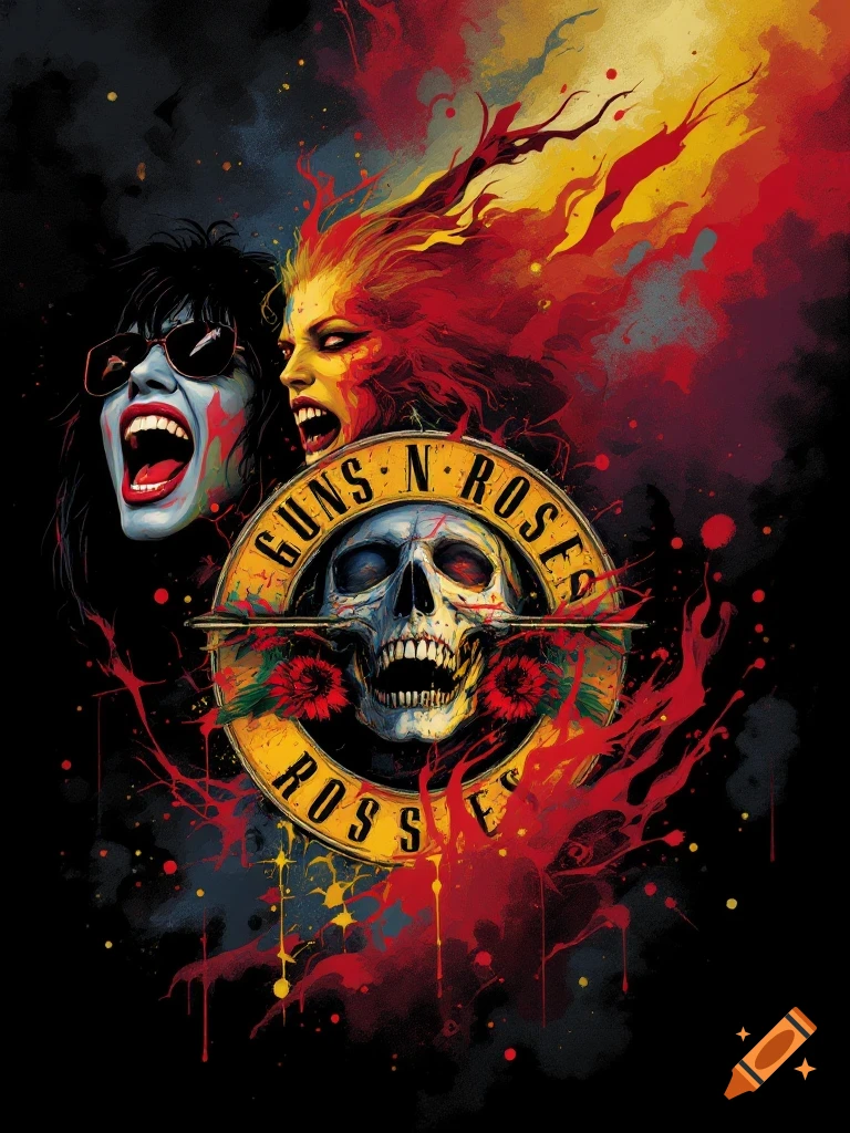 Stylized rock poster with a skull, screaming faces, and Guns N' Roses logo on a dark background with paint splatters.